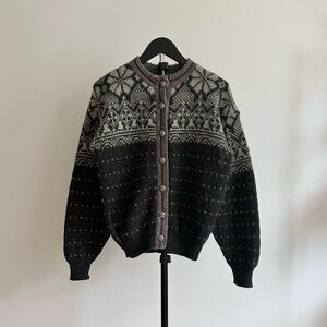 Vintage Alps Pure Wool Gray Fair Isle Crew Neck Cardigan Size L